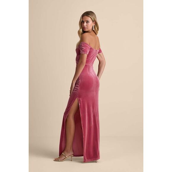 NWT Lulus Glorious Celebration Pink Velvet Off-the-Shoulder Maxi Dress Gala Sz L - Picture 3 of 8